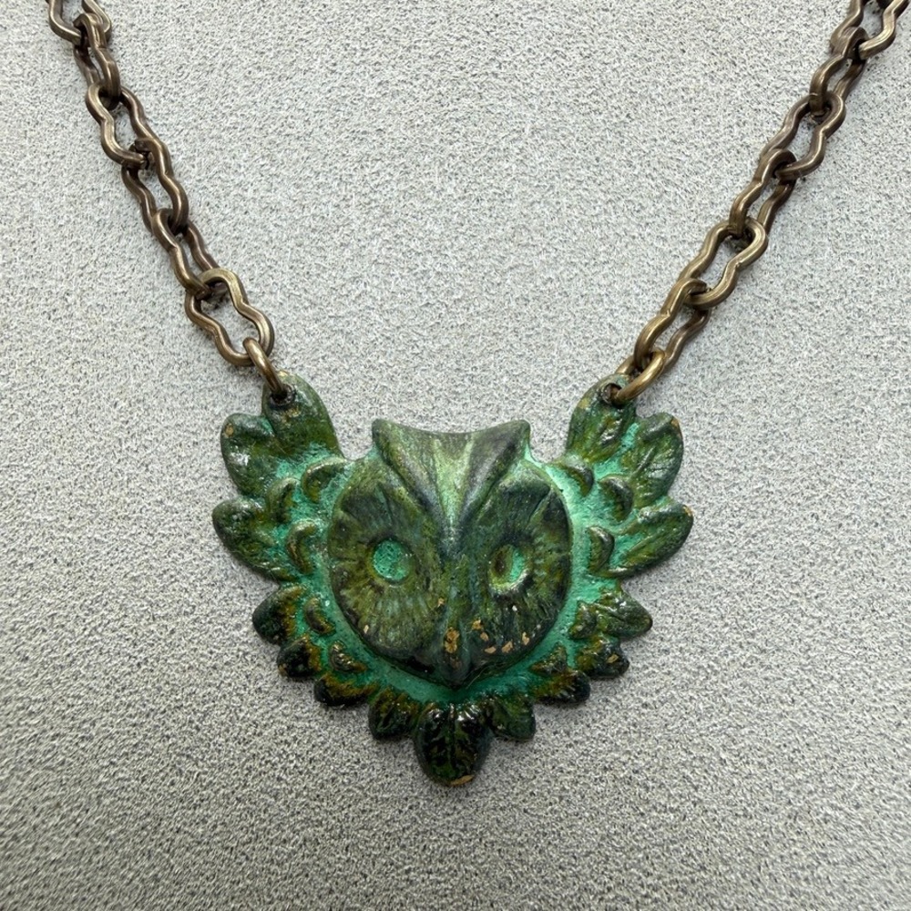 Green Faux Patina Owl Pendant Necklace 18" Whimsical Fairy‎ Magic